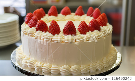 逼真的插圖描繪了用新鮮奶油和草莓製成的大型豪華生日蛋糕。 116490243