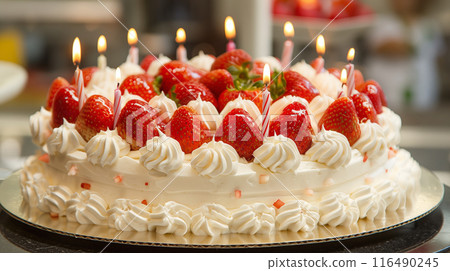 A realistic illustration of a large, luxurious birthday cake made with fresh cream and strawberries A realistic illustration of a large, luxurious birthday cake made with fresh cream and strawberries 116490245