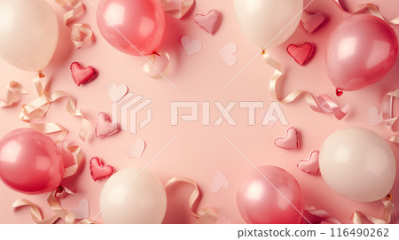 現實的插圖描繪了被心形氣球和絲帶包圍的愛情告白概念 現實的插圖描繪了被心形氣球和絲帶包圍的愛情告白概念 116490262