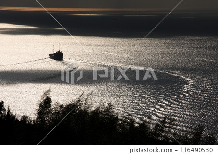 穿越來島海峽、逆光日比灘航行的貨船 穿越來島海峽、逆光日比灘航行的貨船 116490530