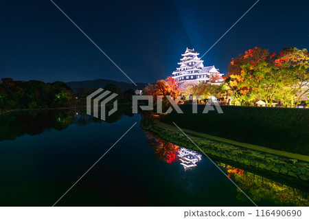 岡山城天守閣，秋葉倒映在水面上 116490690