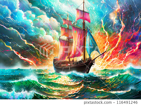 A yacht sailing through a storm 116491246