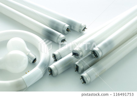 Group photo of blackened used fluorescent lamps Group photo of blackened used fluorescent lamps 116491753