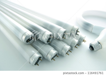 Group photo of old, darkened fluorescent lamps 116491761