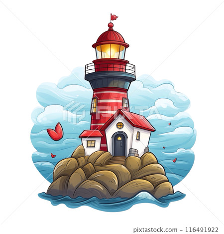 Illumination of a lighthouse majestically stands amidst the sea, guiding ships to the shores with its illuminating light, ensuring a safe and secure navigation through the waters. AI Generated 116491922