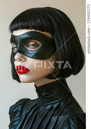 A woman wearing a black mask and red lipstick 116492372