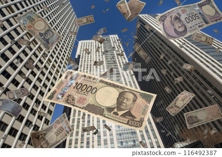 Skyscrapers and a large number of banknotes falling overhead 116492387
