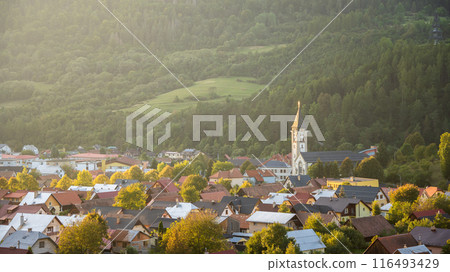 Countryside village with church in its center surrounded by forest, Europe, Slovakia 116493429