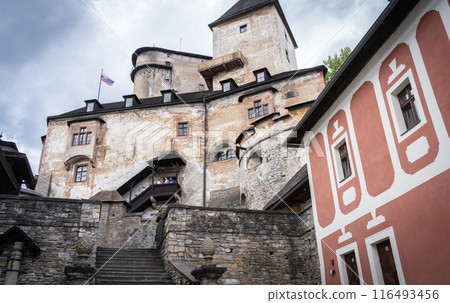 View on old medieval castle shot from its courtyard, Slovakia, Europe 116493456