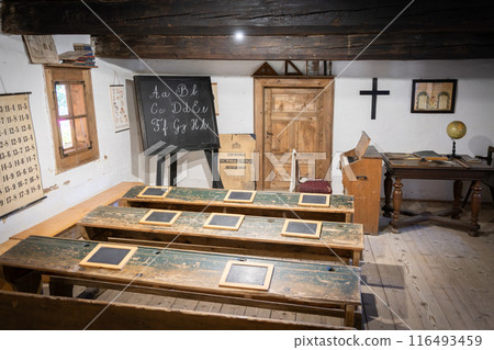Interior of 19th and early 20th century school class from eastern europe countryside, Slovakia Interior of 19th and early 20th century school class from eastern europe countryside, Slovakia 116493459
