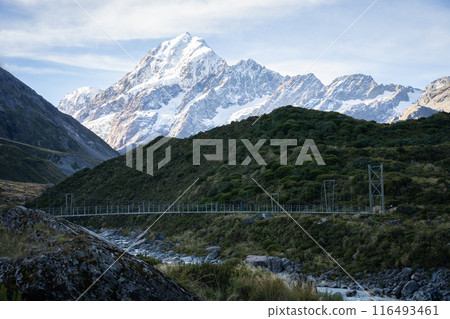 Swing bridge leading through alpine valley with huge snowy mountain behind it, Mt Cook, New Zealand Swing bridge leading through alpine valley with huge snowy mountain behind it, Mt Cook, New Zealand 116493461