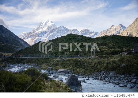 Tourists crossing swing bridge above glacial river in alpine environment, Mt Cook, New Zealand Tourists crossing swing bridge above glacial river in alpine environment, Mt Cook, New Zealand 116493474