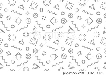A Memphis style vector coloring page featuring retro geometric shapes. Ideal for creative and relaxing activities for all ages. 116493476