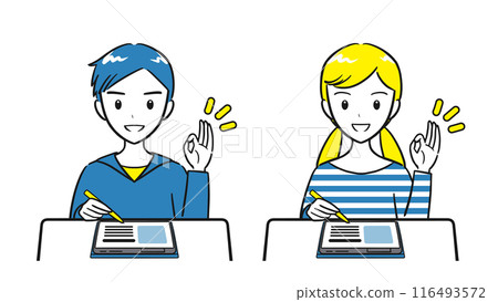 A set of elementary school boys and girls who study well using tablet learning (simple) A set of elementary school boys and girls who study well using tablet learning (simple) 116493572