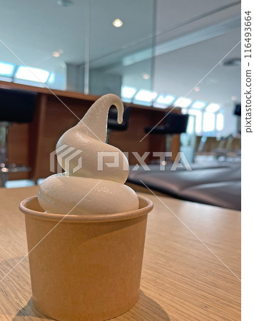 Milk soft serve ice cream in a cup, made with rich Hokkaido milk. Milk soft serve ice cream in a cup, made with rich Hokkaido milk. 116493664