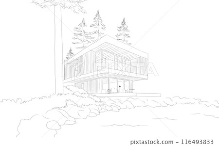 Line drawing perspective of a modern house in the forest 116493833
