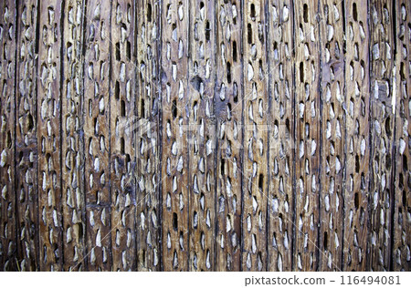 Detail of old wooden plow with embedded stones Detail of old wooden plow with embedded stones 116494081