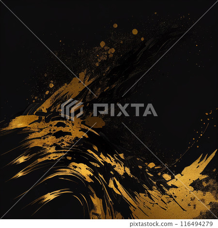 Golden brush strokes and blurred splashes on a black background. Square dark Japanese style abstract banner with wave or ocean concept. AI generated image 116494279