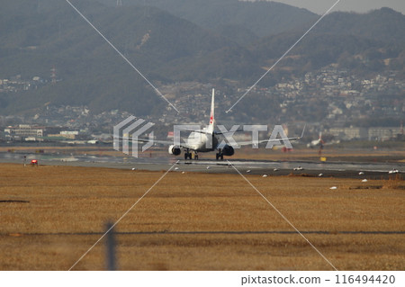 Osaka Airport, Itami Airport, airplanes landing from the Senri River bank 116494420