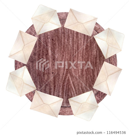 Envelopes close and open on a wooden tray watercolor frame isolated on white. Hand drawn high quality art. Simple style illustration for stationary designs, cards, notebooks, textile, packages design 116494536
