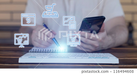 Man using smartphone with online shopping icons on screen. Online shopping concept. Sales performance management concept. 116494608