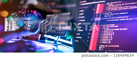 Program code on a computer monitor with fiber optic background. Internet and technology concept. Software application development Program code on a computer monitor with fiber optic background. Internet and technology concept. Software application development 116494634