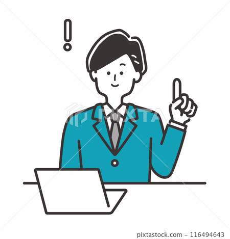 Illustration material of a business person (man in a suit) pointing at a desk and explaining something Illustration material of a business person (man in a suit) pointing at a desk and explaining something 116494643