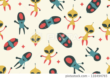 Cute alien kids textile pattern. Fabric design cosmos star little monsters for children clothes. Cartoon space aliens character vector illustration 116494765