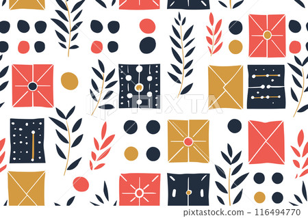 Natural floral leaves shapes seamless pattern. Rustic color cartoon isolated textile print pattern. Vector illustration on background Natural floral leaves shapes seamless pattern. Rustic color cartoon isolated textile print pattern. Vector illustration on background 116494770