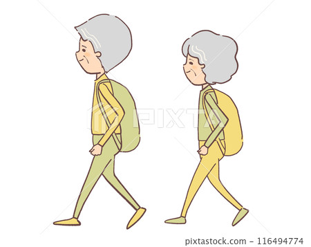 Illustration of a walking senior man and woman Illustration of a walking senior man and woman 116494774