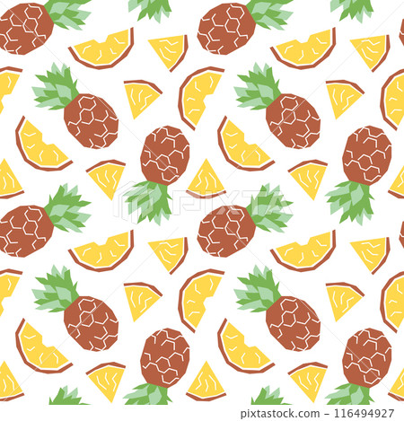 Pineapple cartoon seamless pattern. Tropical fruits background isolated on white. Pineapple slice pieces geometric print for fabric, paper, design. Vector illustration 116494927