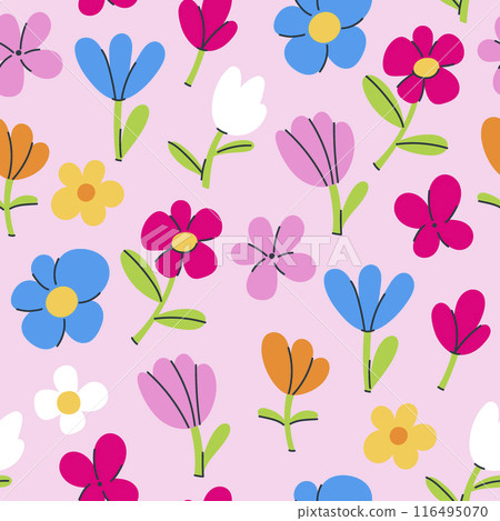 Simple seamless pattern with colorful flowers in different shapes. Vector graphics. Simple seamless pattern with colorful flowers in different shapes. Vector graphics. 116495070