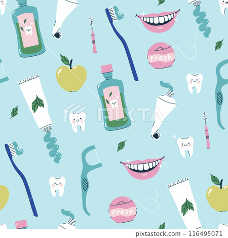 Seamless pattern of dental health care items. Vector graphics. 116495071