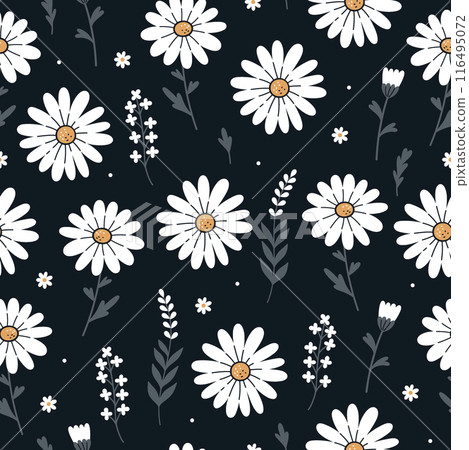 Seamless pattern with white daisies on a black background. Vector graphics. Seamless pattern with white daisies on a black background. Vector graphics. 116495072