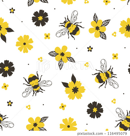 Seamless pattern with bumblebees and yellow flowers on a white background. Vector graphics. Seamless pattern with bumblebees and yellow flowers on a white background. Vector graphics. 116495079