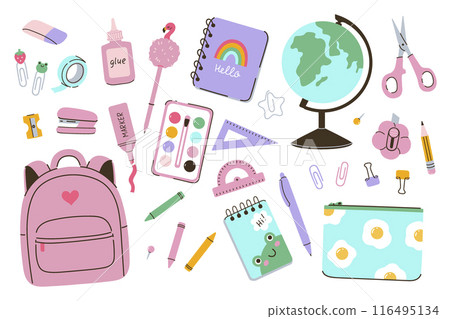 Set of cute school supplies isolated on white background. Vector graphics. 116495134