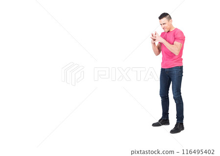 Evil guy looking at camera isolated on white background 116495402