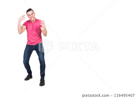 Angry male making grimace and gesturing in white studio 116495407