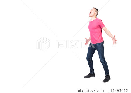 Furious male screaming with closed eyes isolated on white background Furious male screaming with closed eyes isolated on white background 116495412