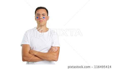 Dignified and serious man with United States flag painted on face 116495414