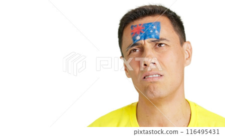 Sad man supporting australian team during a difficult match. Sad man supporting australian team during a difficult match. 116495431