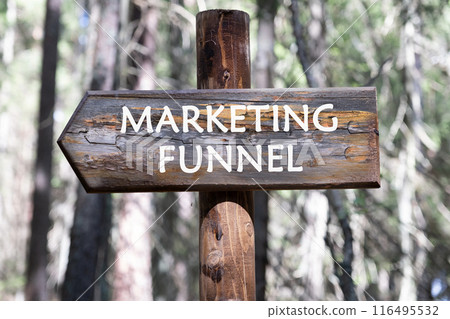 Business concept. Text MARKETING FUNNEL on a wooden signpost against a forest background 116495532