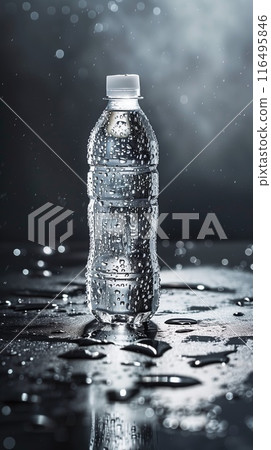 A bottle of water on a damp surface, containing liquid, in a glass bottle A bottle of water on a damp surface, containing liquid, in a glass bottle 116495846