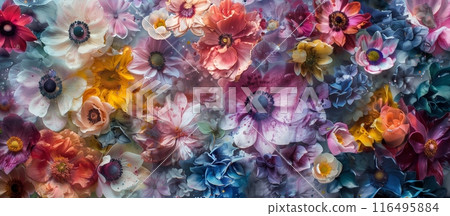 Vibrant floral painting with purple, pink, and magenta flowers banner 116495884
