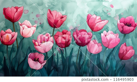 Pink tulips painting on blue background depicting natural floral beauty Pink tulips painting on blue background depicting natural floral beauty 116495903
