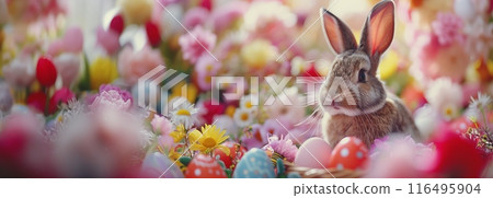A rabbit rests in a bed of colorful flowers with Easter eggs A rabbit rests in a bed of colorful flowers with Easter eggs 116495904