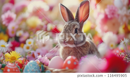 Rabbit surrounded by Easter eggs and flowers 116495905