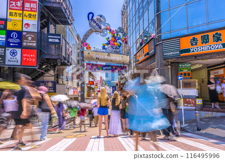 Tokyo cityscape in Japan in July - inbound tourism... like a foreign country... Harajuku station front bustling with foreign tourists = 5th 116495996