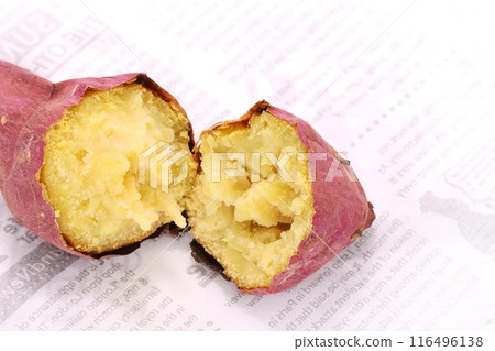 Baked sweet potato, Beni Yuuka, cut open, bright background 116496138