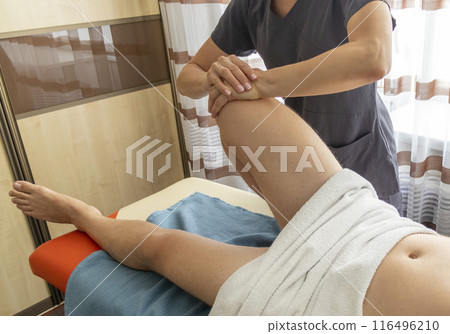 Female manual therapist performing physical therapy on mid aged male patient. Female manual therapist performing physical therapy on mid aged male patient. 116496210